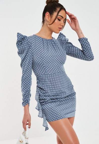 MISSGUIDED petite blue polka dot mini dress / frill detail dresses - flipped