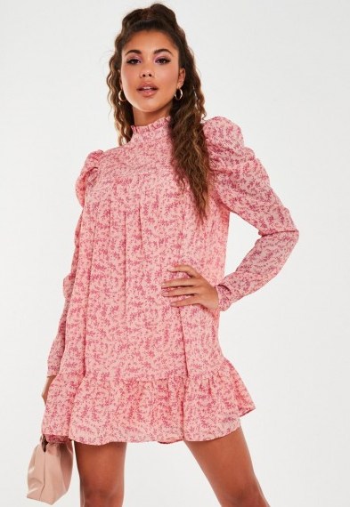 MISSGUIDED pink ditsy floral high neck puff sleeve smock dress / vintage look dresses - flipped