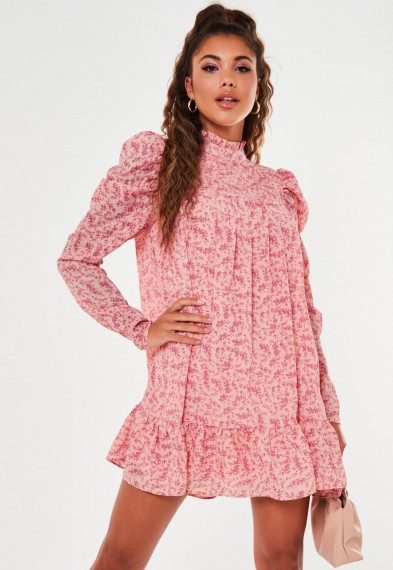 MISSGUIDED pink ditsy floral high neck puff sleeve smock dress / vintage look dresses