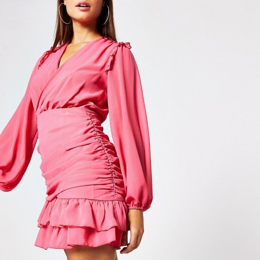 RIVER ISLAND Pink long sleeve frill ruched mini tea dress - flipped