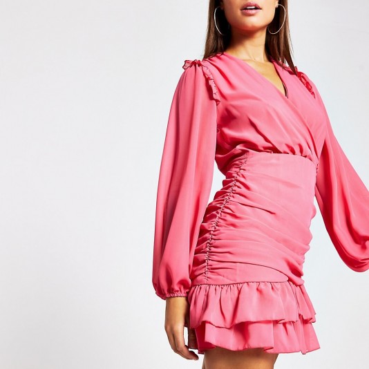 RIVER ISLAND Pink long sleeve frill ruched mini tea dress