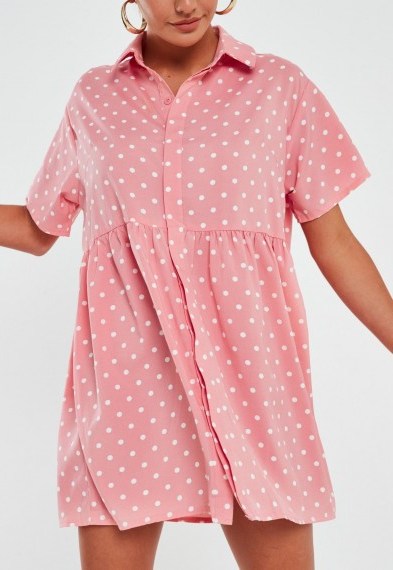 MISSGUIDED pink polka dot shirt smock dress - flipped