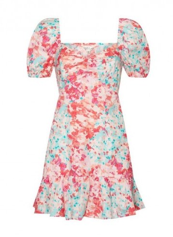 MISS SELFRIDGE Pink Poplin Watercolour Mini Dress – puff sleeve dresses - flipped