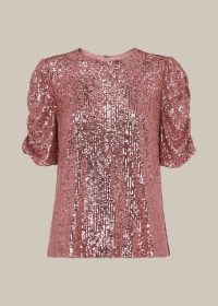 Whistles SEEMA SEQUIN TOP PINK / ruched sleeve tops