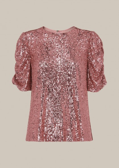 Whistles SEEMA SEQUIN TOP PINK / ruched sleeve tops