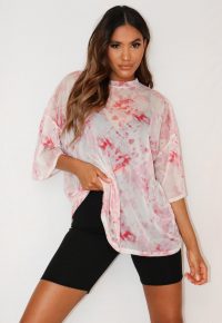 MISSGUIDED pink tie dye mesh oversized t shirt / sheer tee