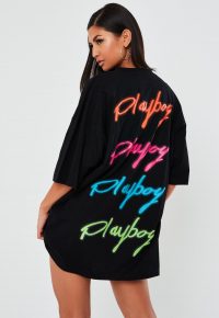 playboy x missguided petite black spray paint print t shirt dress / bunny print tee