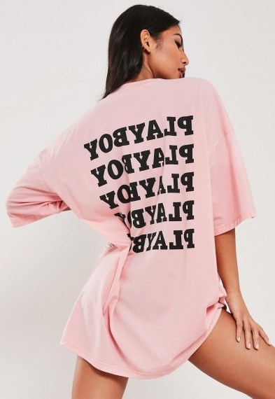 playboy x missguided petite pink repeat slogan t shirt dress / longline tee - flipped