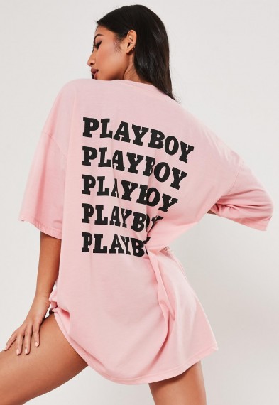 playboy x missguided petite pink repeat slogan t shirt dress / longline tee
