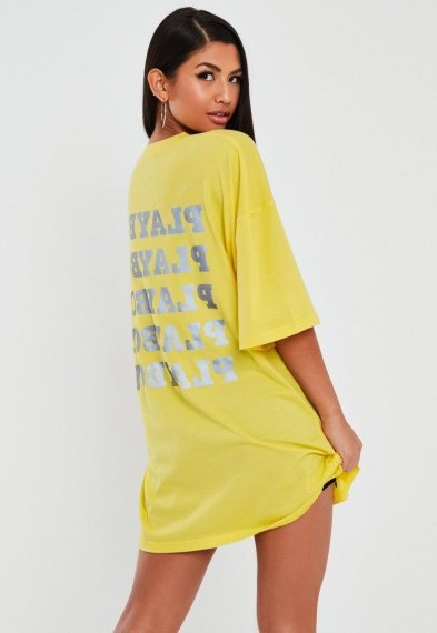 playboy x missguided yellow reflective repeat print t shirt dress - flipped
