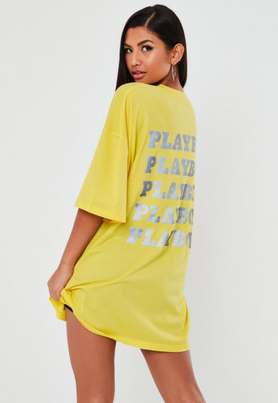 playboy x missguided yellow reflective repeat print t shirt dress