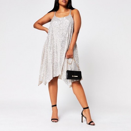 RIVER ISLAND Plus Silver Sequin Cami Dress – asymmetric slip dresses - flipped