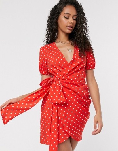 PrettyLittleThing tea dress with tie side and puff sleeve in red polka - flipped