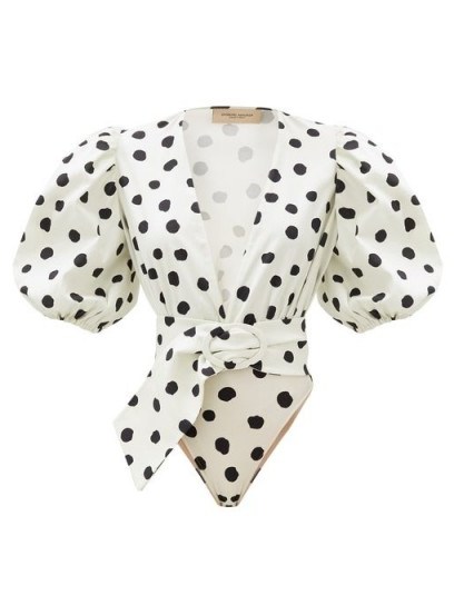 ADRIANA DEGREAS Puffed-sleeve polka-dot cotton-blend bodysuit | deep V-necklines | puff sleeved bodysuits - flipped