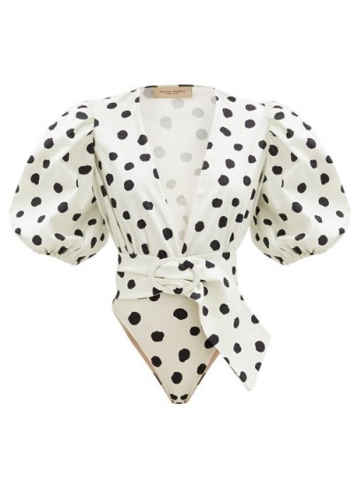 ADRIANA DEGREAS Puffed-sleeve polka-dot cotton-blend bodysuit | deep V-necklines | puff sleeved bodysuits