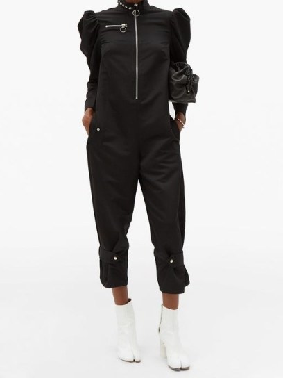 MARQUES’ALMEIDA Puffed-sleeve recycled-twill jumpsuit ~ black utility jumpsuits ~ contemporary clothing - flipped