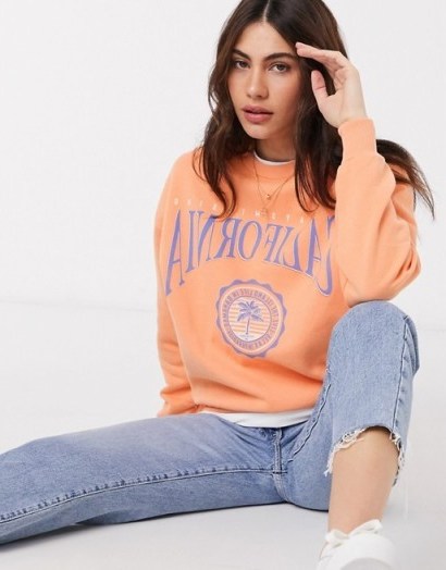 Pull&Bear varsity sweatshirt in orange / California slogan sweat top - flipped