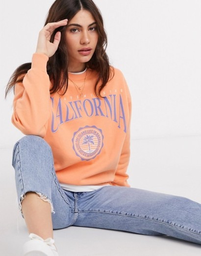 Pull&Bear varsity sweatshirt in orange / California slogan sweat top