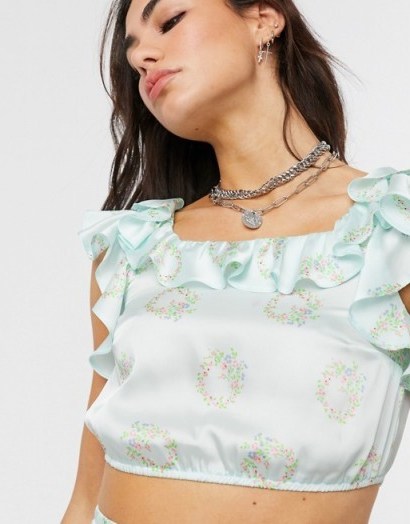 Reclaimed Vintage inspired top with ruffle blue floral print / frill trimmed crop tops - flipped