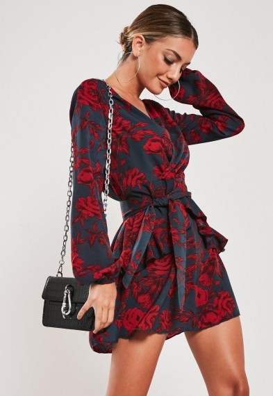 MISSGUIDED red floral frill waist v neck smock dress - flipped