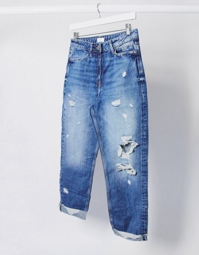River Island Carrie ripped mom jeans in mid blue | distressed | destroyed - flipped
