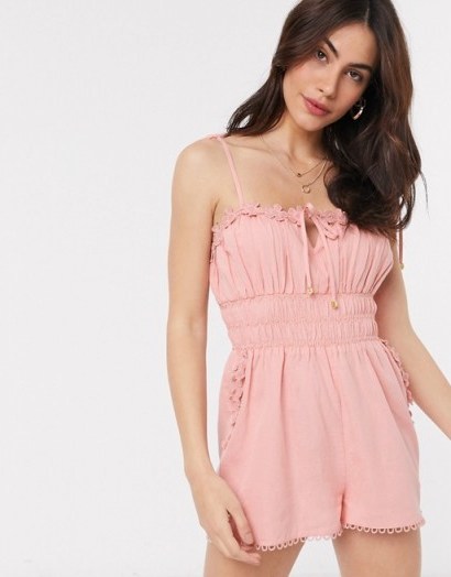 River Island floral trim pleated playsuit in pink – strappy summer playsuits - flipped