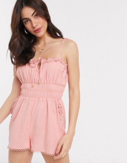 River Island floral trim pleated playsuit in pink – strappy summer playsuits