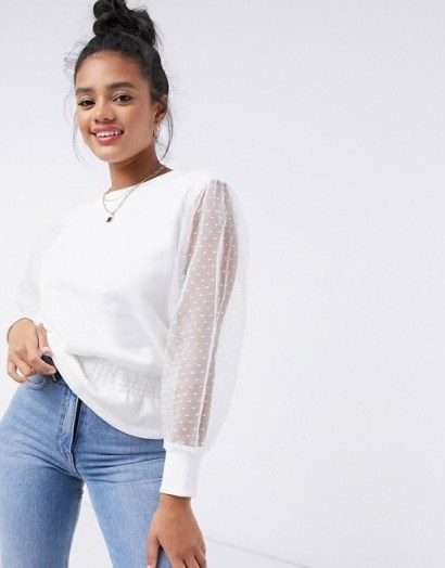 River Island organza sleeve shirred blouse in white / sheer sleeved top - flipped