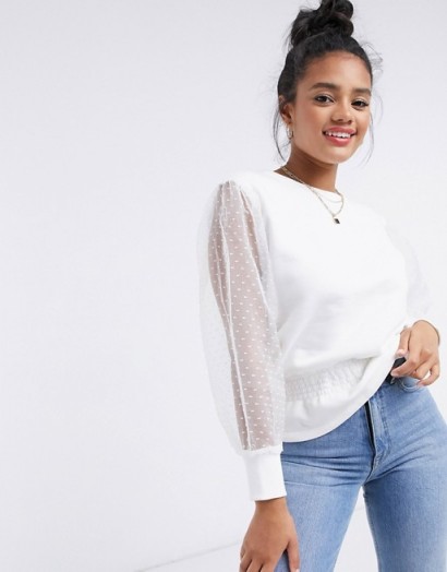 River Island organza sleeve shirred blouse in white / sheer sleeved top