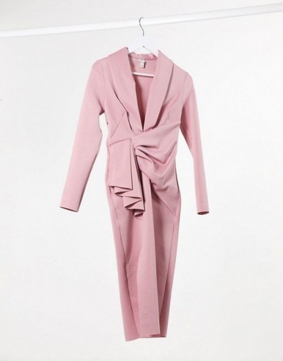 River Island plunge drape bodycon midi dress in pink – draped origami- inspired dresses - flipped