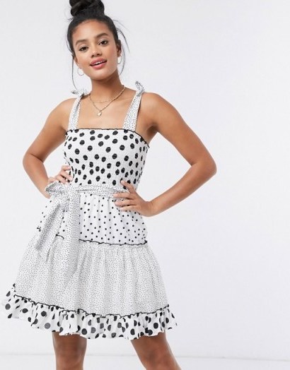 River Island spot shirred mini dress in white / spotty fit and flare - flipped