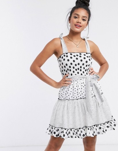 River Island spot shirred mini dress in white / spotty fit and flare
