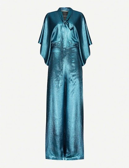 ROLAND MOURET Barnim metallic V-neck crepe jumpsuit blue metallic / kimono sleeve jumpsuits - flipped
