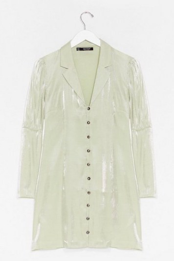 Nasty Gal Shimmer Button Down Soft Blazer Dress Sage – jacket dresses - flipped