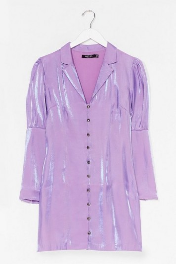 NASTY GAL Shimmer Button Down Soft Blazer Dress Lilac