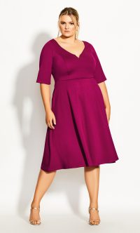 Cute Girl Elbow Sleeve Dress – fuchsia – City Chic – Australia – Deep V sweetheart neckline – A line skirt – Lined to the waist – Side pockets – Heavy weight stretch unlined fabrication