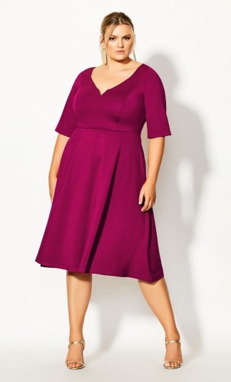 Cute Girl Elbow Sleeve Dress – fuchsia – City Chic – Australia – Deep V sweetheart neckline – A line skirt – Lined to the waist – Side pockets – Heavy weight stretch unlined fabrication - flipped