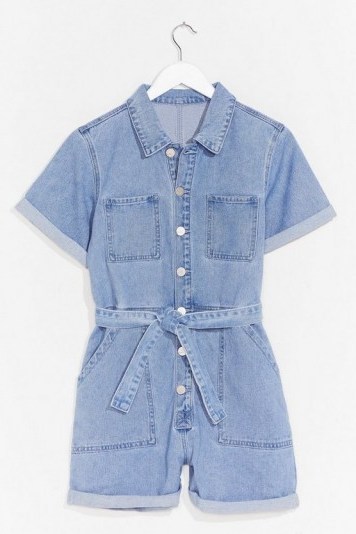 Nasty Gal Short But Sweet Denim Belted Romper | casual rompers | playsuits - flipped