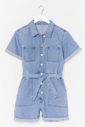 Nasty Gal Short But Sweet Denim Belted Romper | casual rompers | playsuits