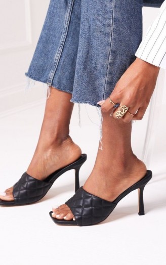 The Fashion Bible SICILY – BLACK NAPPA SQUARE TOE HEEL WITH QUILTED FRONT STRAP | padded high heel mules