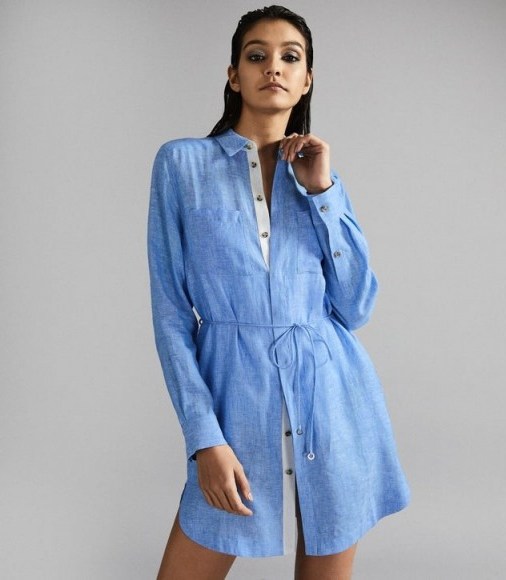 REISS SICILY LINEN SHIRT DRESS PALE BLUE ~ vacation cover-up - flipped
