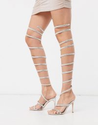 Simmi London Zora over the knee embellished sandals in silver / strappy wrap around sandal
