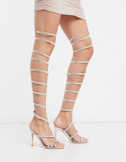 Simmi London Zora over the knee embellished sandals in silver / strappy wrap around sandal - flipped