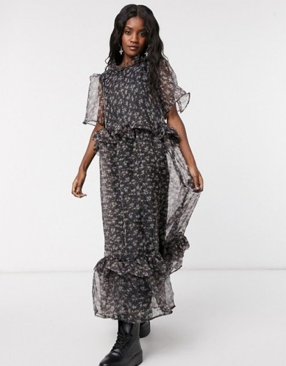 Sister Jane maxi dress with ruffle detail in black floral organza / semi sheer dresses - flipped