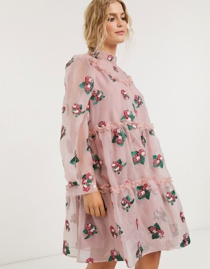 Sister Jane mini smock dress with tiered skirt in pink strawberry embroidered organza