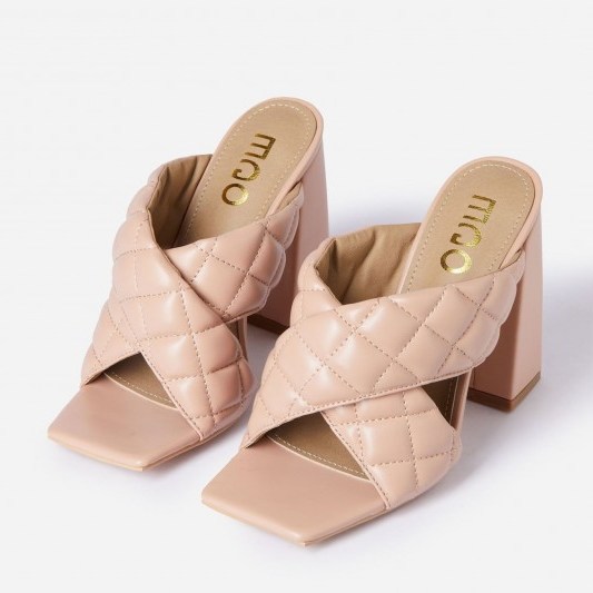 EGO Sponge Quilted Crossover Square Peep Toe Block Heel Mule In Nude Faux Leather – chunky heeled padded mules - flipped