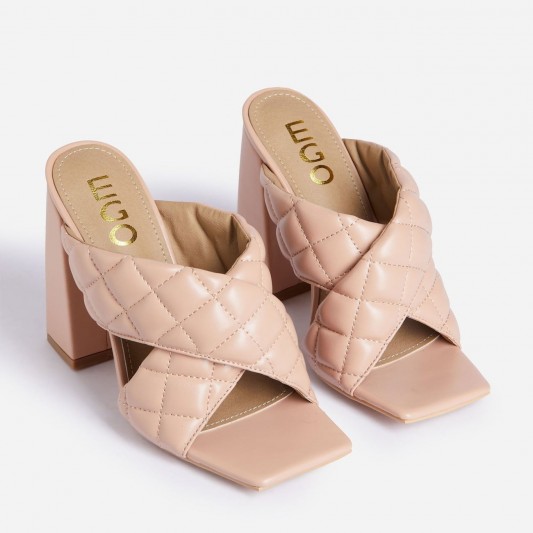 EGO Sponge Quilted Crossover Square Peep Toe Block Heel Mule In Nude Faux Leather – chunky heeled padded mules