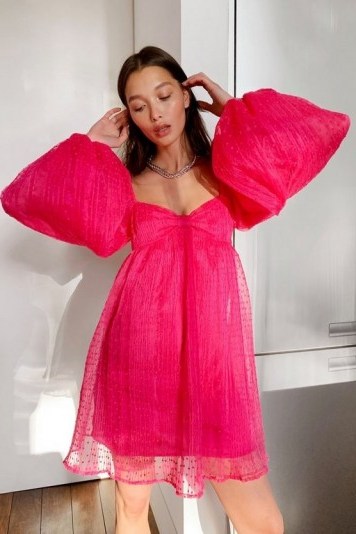 Nasty Gal Spot Organza balloon Sleeve Mini Dress Hot Pink – dresses with volume - flipped