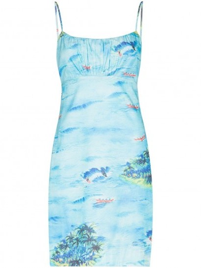 STAUD Bell mini dress / island prints / blue spaghetti strap dresses - flipped