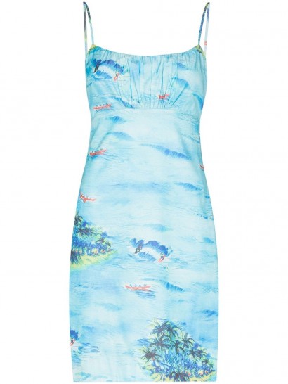 STAUD Bell mini dress / island prints / blue spaghetti strap dresses